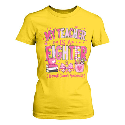 Pink Ribbon Teacher Support T Shirt For Women She Is A Fighter Breast Cancer