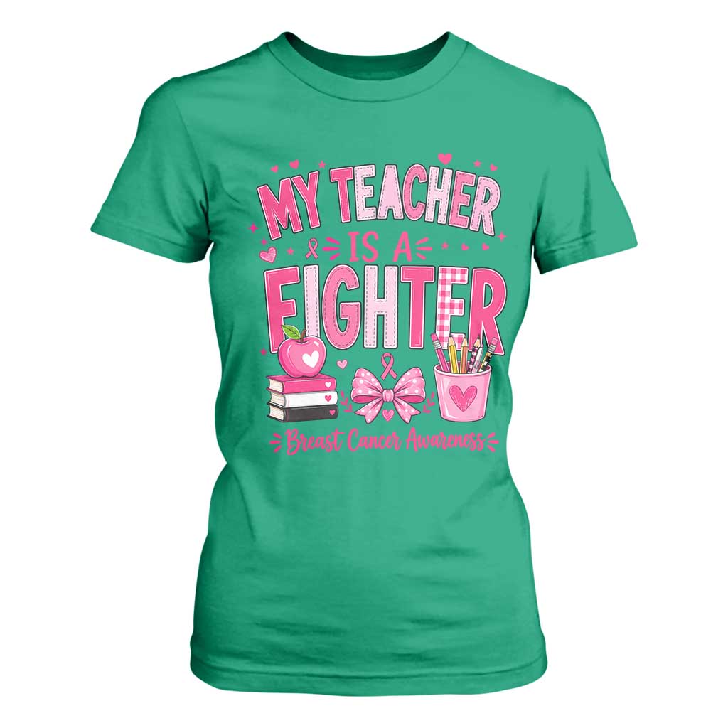 Pink Ribbon Teacher Support T Shirt For Women She Is A Fighter Breast Cancer