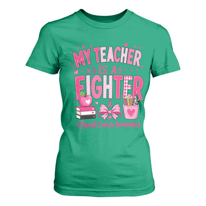 Pink Ribbon Teacher Support T Shirt For Women She Is A Fighter Breast Cancer