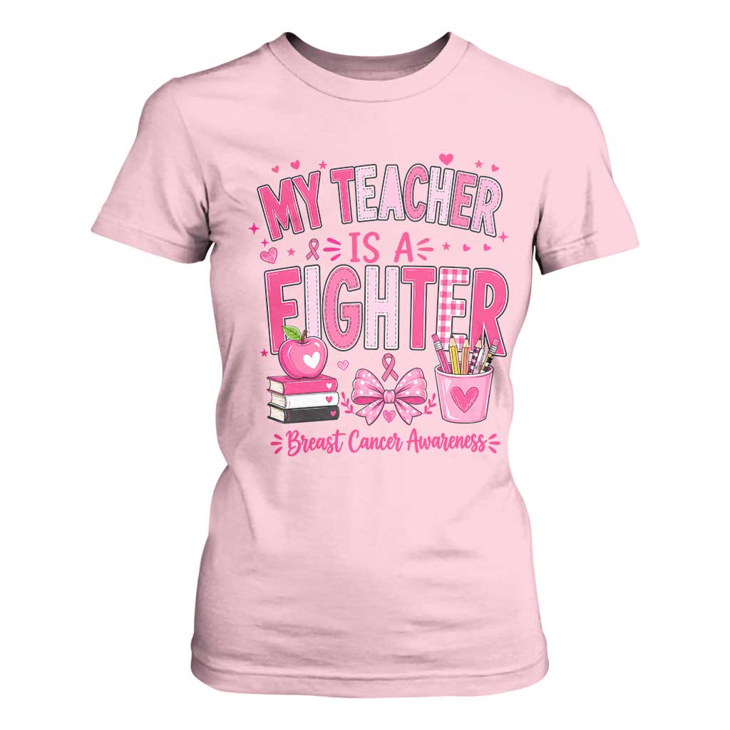 Pink Ribbon Teacher Support T Shirt For Women She Is A Fighter Breast Cancer
