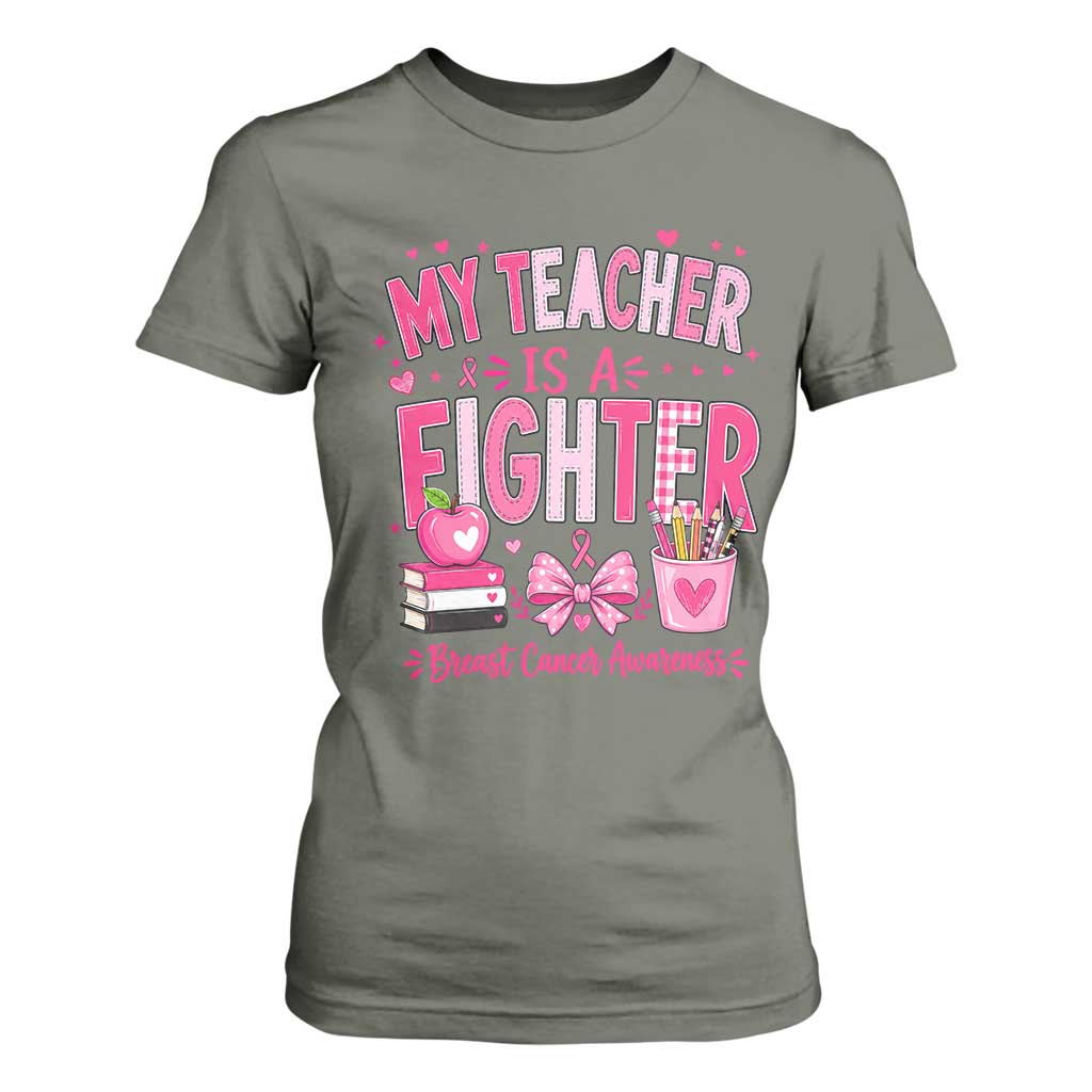 Pink Ribbon Teacher Support T Shirt For Women She Is A Fighter Breast Cancer