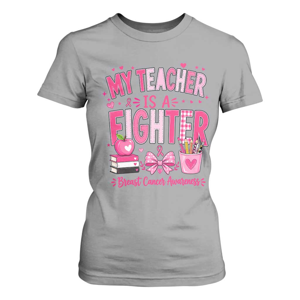 Pink Ribbon Teacher Support T Shirt For Women She Is A Fighter Breast Cancer