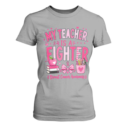 Pink Ribbon Teacher Support T Shirt For Women She Is A Fighter Breast Cancer