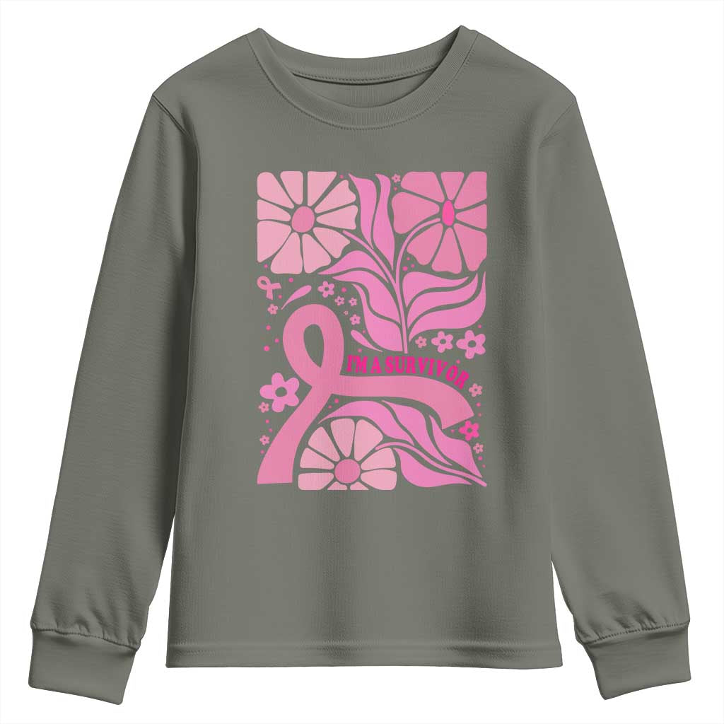 Boho Floral Breast Cancer Survivor Youth Sweatshirt Pink Ribbon Strength
