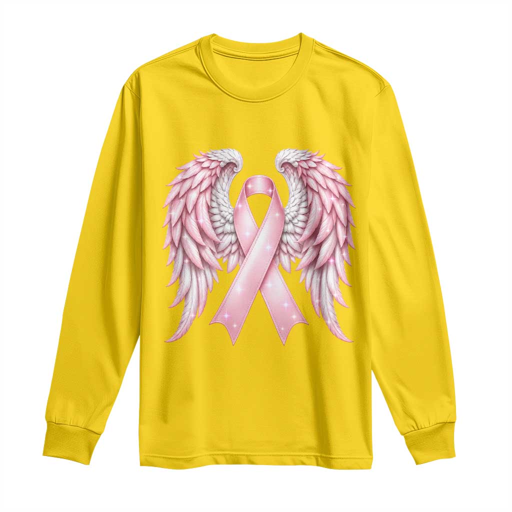 Breast Cancer Warrior Support Long Sleeve Shirt Pink Ribbon Angel Wings Hope