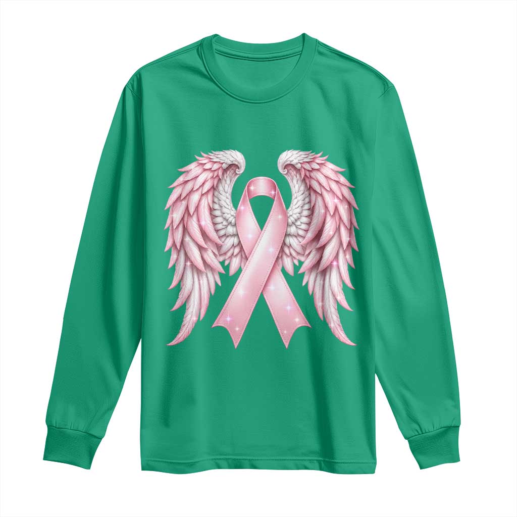 Breast Cancer Warrior Support Long Sleeve Shirt Pink Ribbon Angel Wings Hope