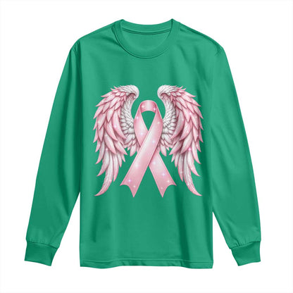 Breast Cancer Warrior Support Long Sleeve Shirt Pink Ribbon Angel Wings Hope