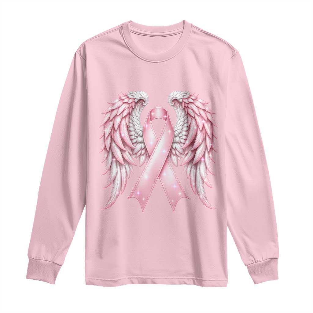 Breast Cancer Warrior Support Long Sleeve Shirt Pink Ribbon Angel Wings Hope