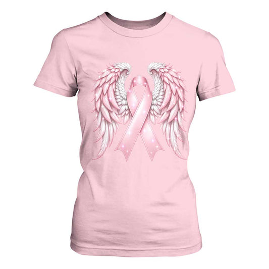 Breast Cancer Warrior Support T Shirt For Women Pink Ribbon Angel Wings Hope