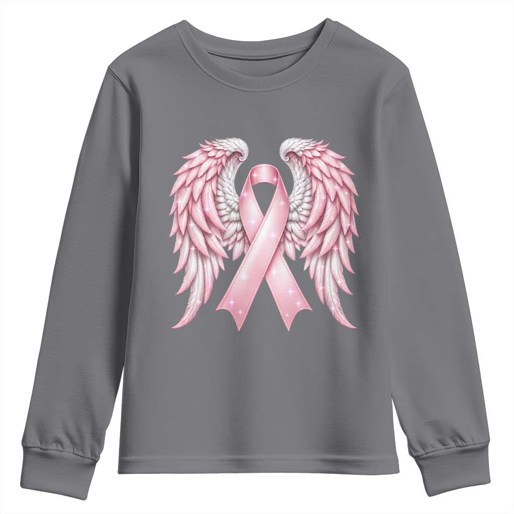 Breast Cancer Warrior Support Youth Sweatshirt Pink Ribbon Angel Wings Hope