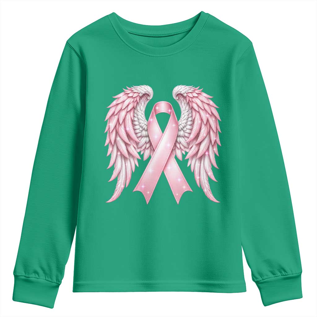 Breast Cancer Warrior Support Youth Sweatshirt Pink Ribbon Angel Wings Hope