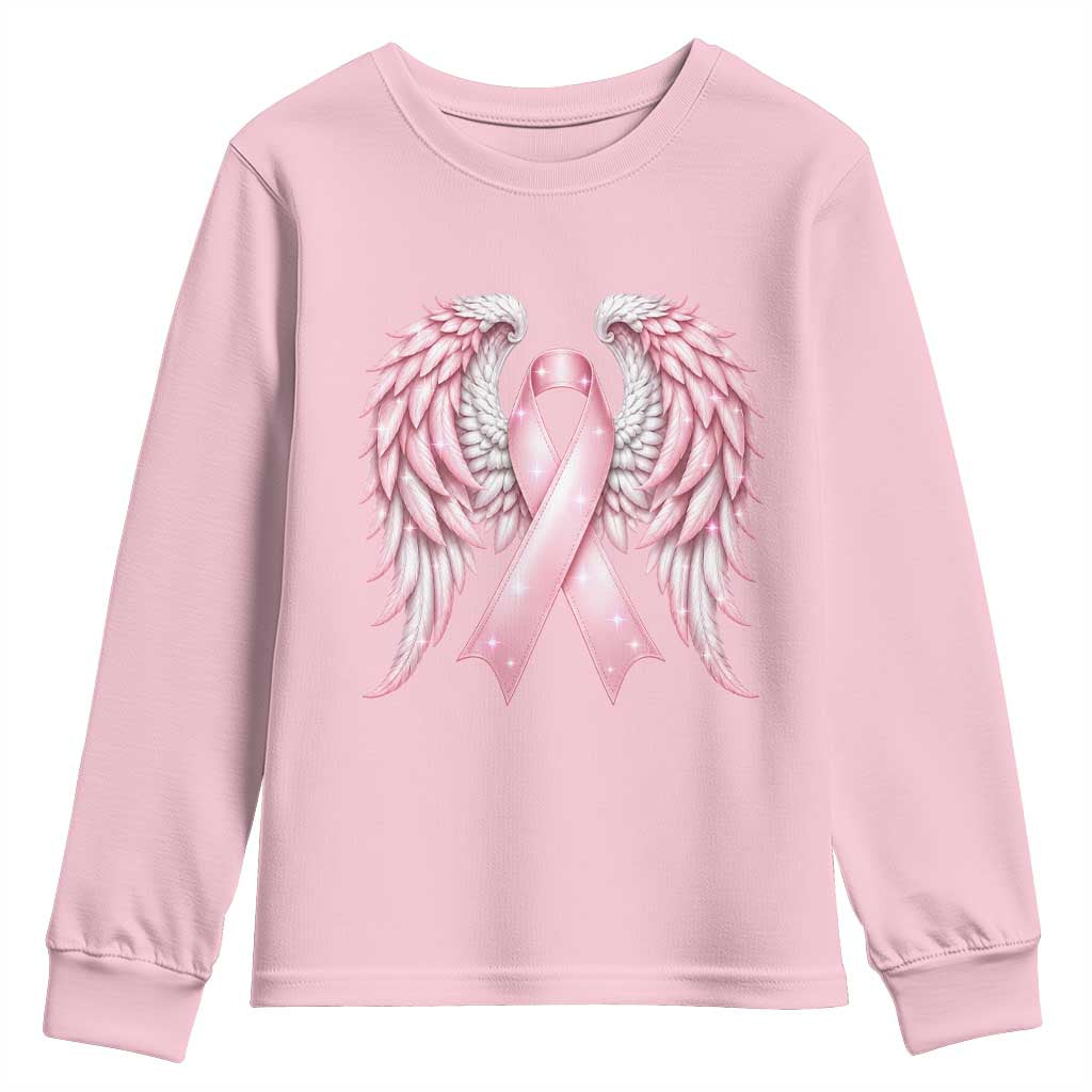 Breast Cancer Warrior Support Youth Sweatshirt Pink Ribbon Angel Wings Hope