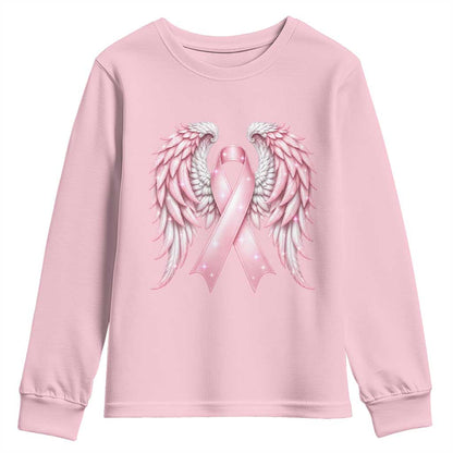 Breast Cancer Warrior Support Youth Sweatshirt Pink Ribbon Angel Wings Hope