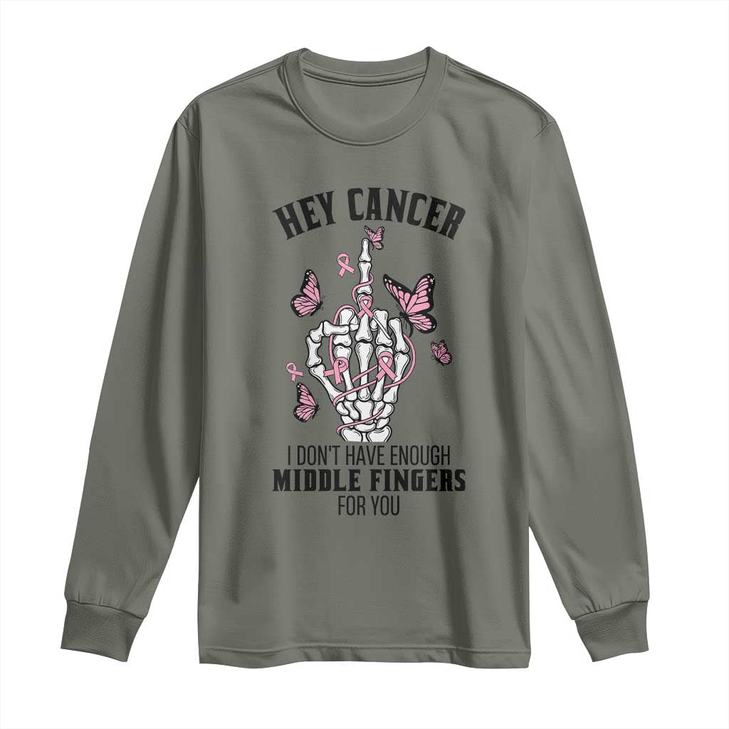Breast Cancer Warrior Support Long Sleeve Shirt I Dont Have Enough Middle Fingers Pink Ribbon Skeleton