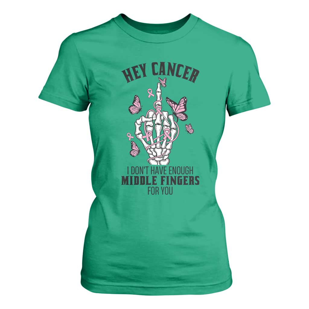 Breast Cancer Warrior Support T Shirt For Women I Dont Have Enough Middle Fingers Pink Ribbon Skeleton