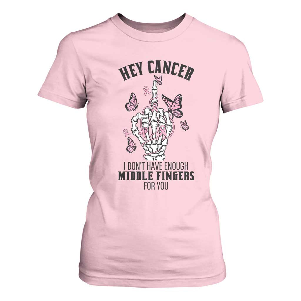 Breast Cancer Warrior Support T Shirt For Women I Dont Have Enough Middle Fingers Pink Ribbon Skeleton