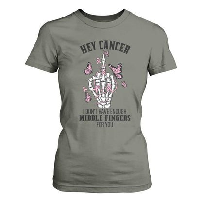 Breast Cancer Warrior Support T Shirt For Women I Dont Have Enough Middle Fingers Pink Ribbon Skeleton