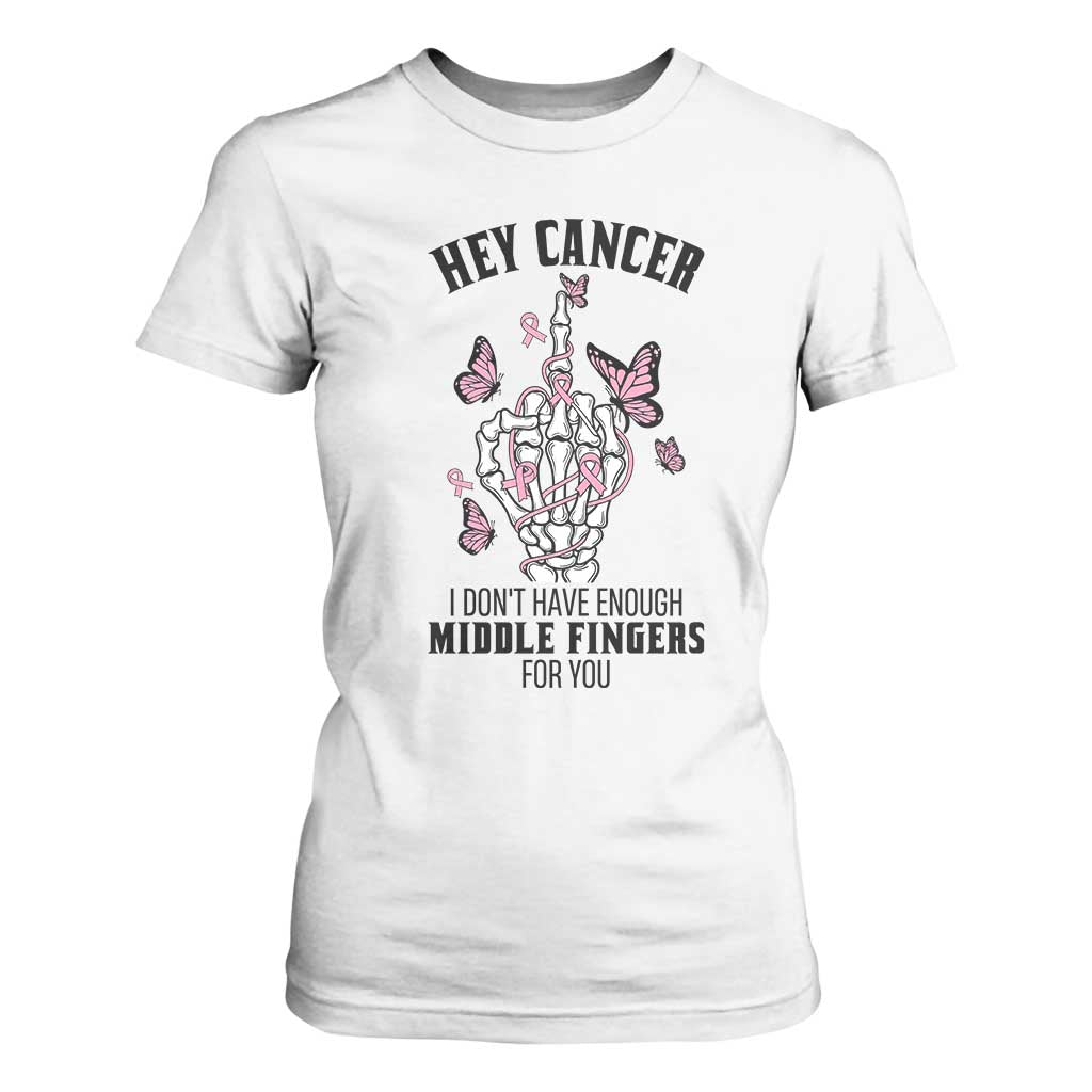 Breast Cancer Warrior Support T Shirt For Women I Dont Have Enough Middle Fingers Pink Ribbon Skeleton