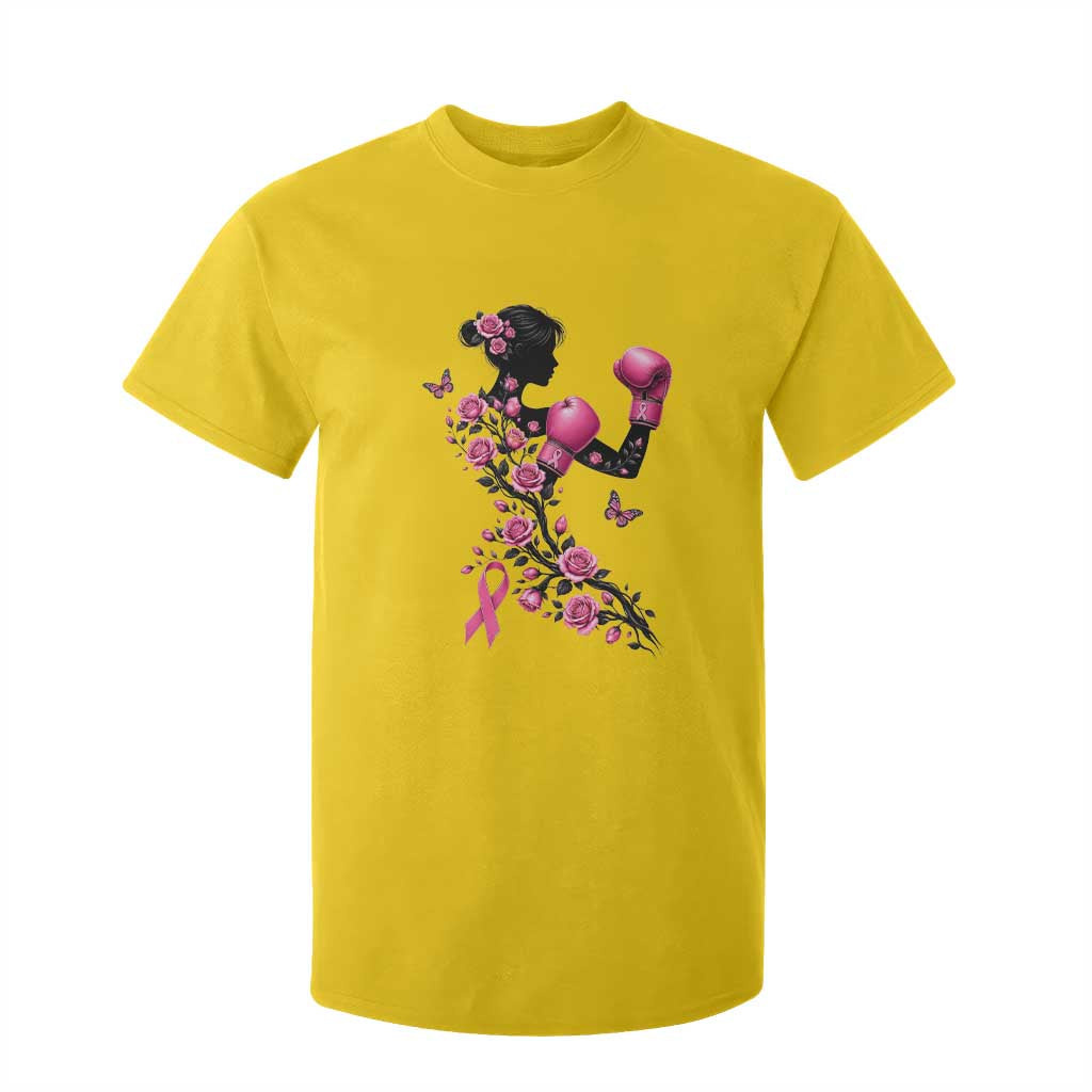 Breast Cancer Warrior T Shirt For Kid Pink Boxing Gloves Floral Ribbon Courage
