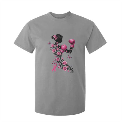 Breast Cancer Warrior T Shirt For Kid Pink Boxing Gloves Floral Ribbon Courage