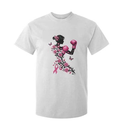 Breast Cancer Warrior T Shirt For Kid Pink Boxing Gloves Floral Ribbon Courage