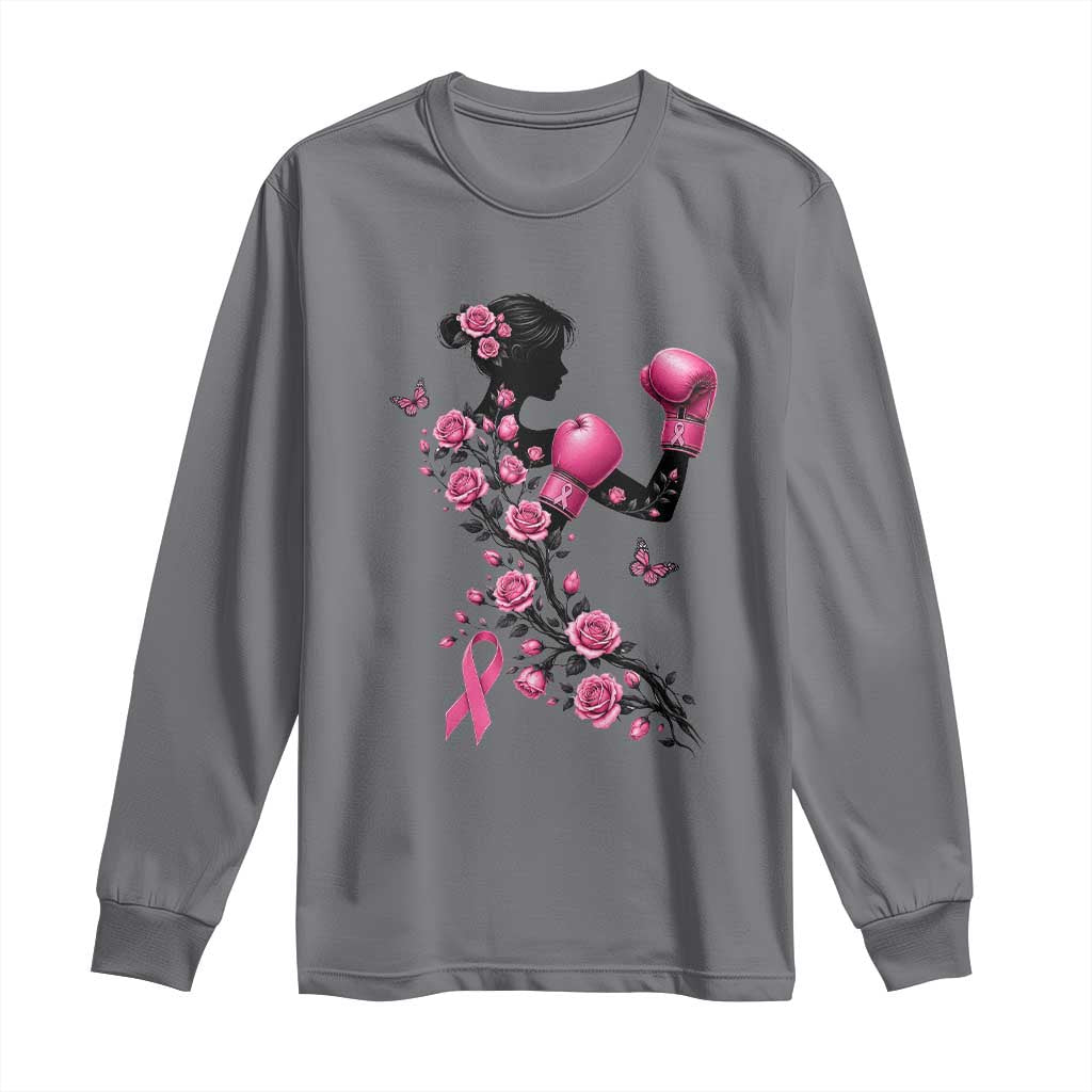 Breast Cancer Warrior Long Sleeve Shirt Pink Boxing Gloves Floral Ribbon Courage