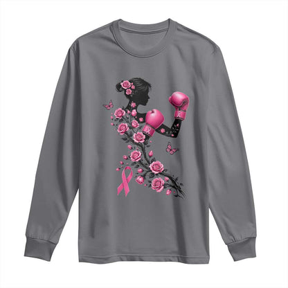 Breast Cancer Warrior Long Sleeve Shirt Pink Boxing Gloves Floral Ribbon Courage