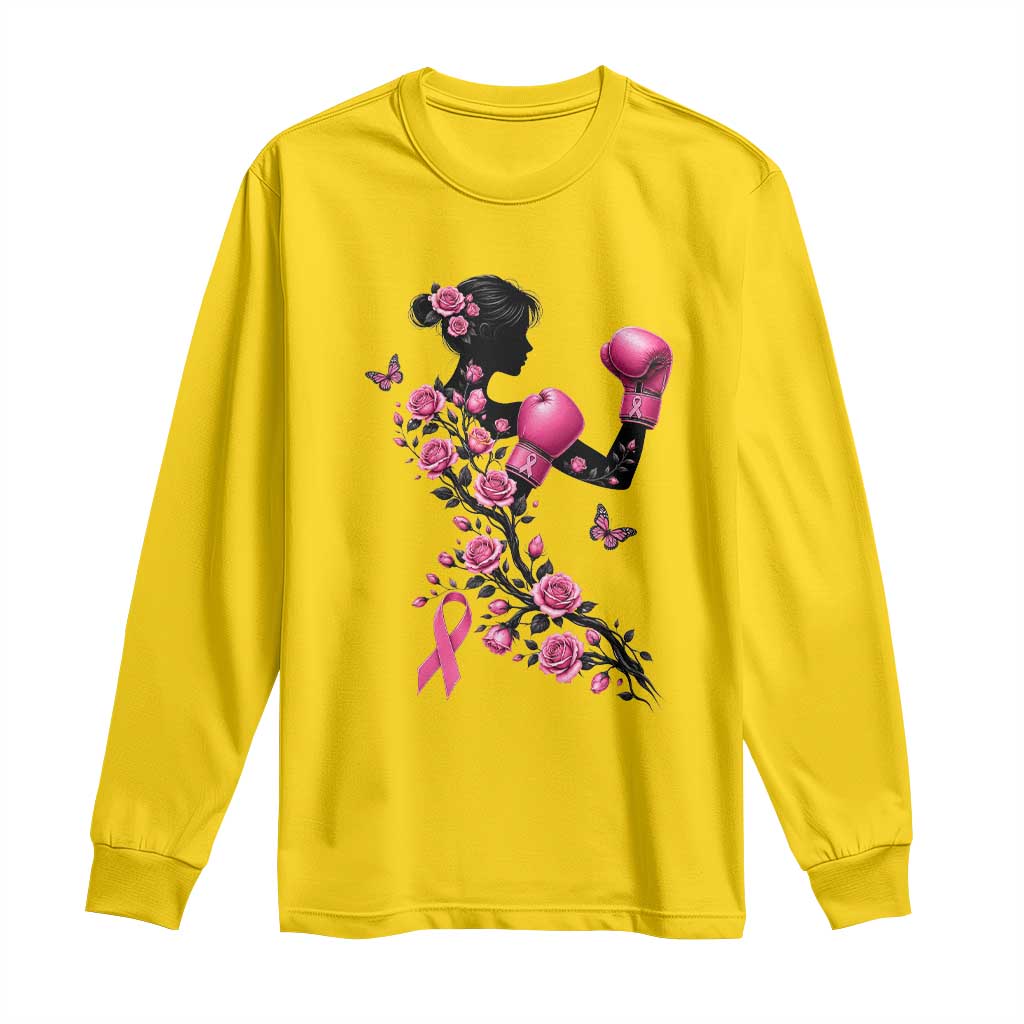 Breast Cancer Warrior Long Sleeve Shirt Pink Boxing Gloves Floral Ribbon Courage