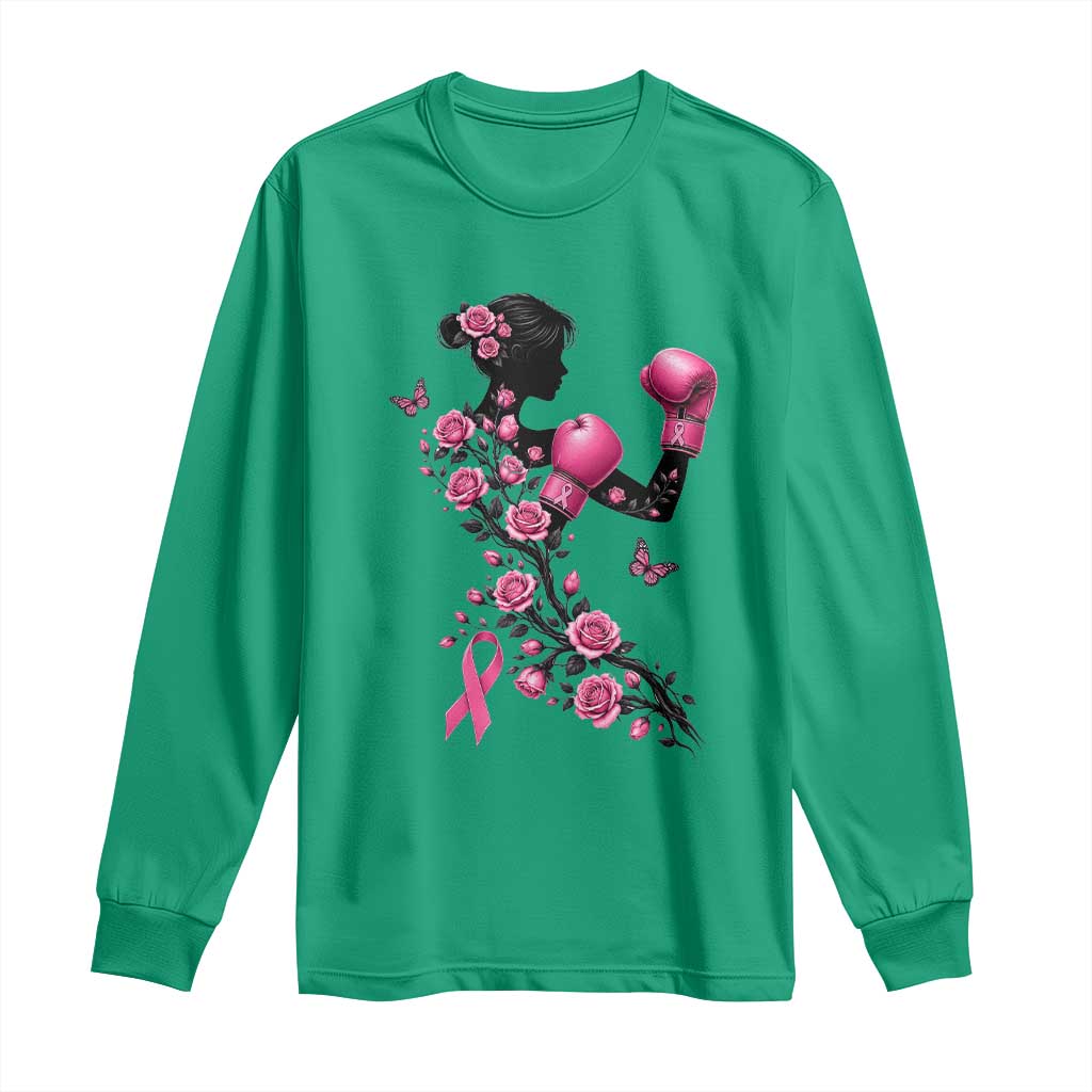 Breast Cancer Warrior Long Sleeve Shirt Pink Boxing Gloves Floral Ribbon Courage