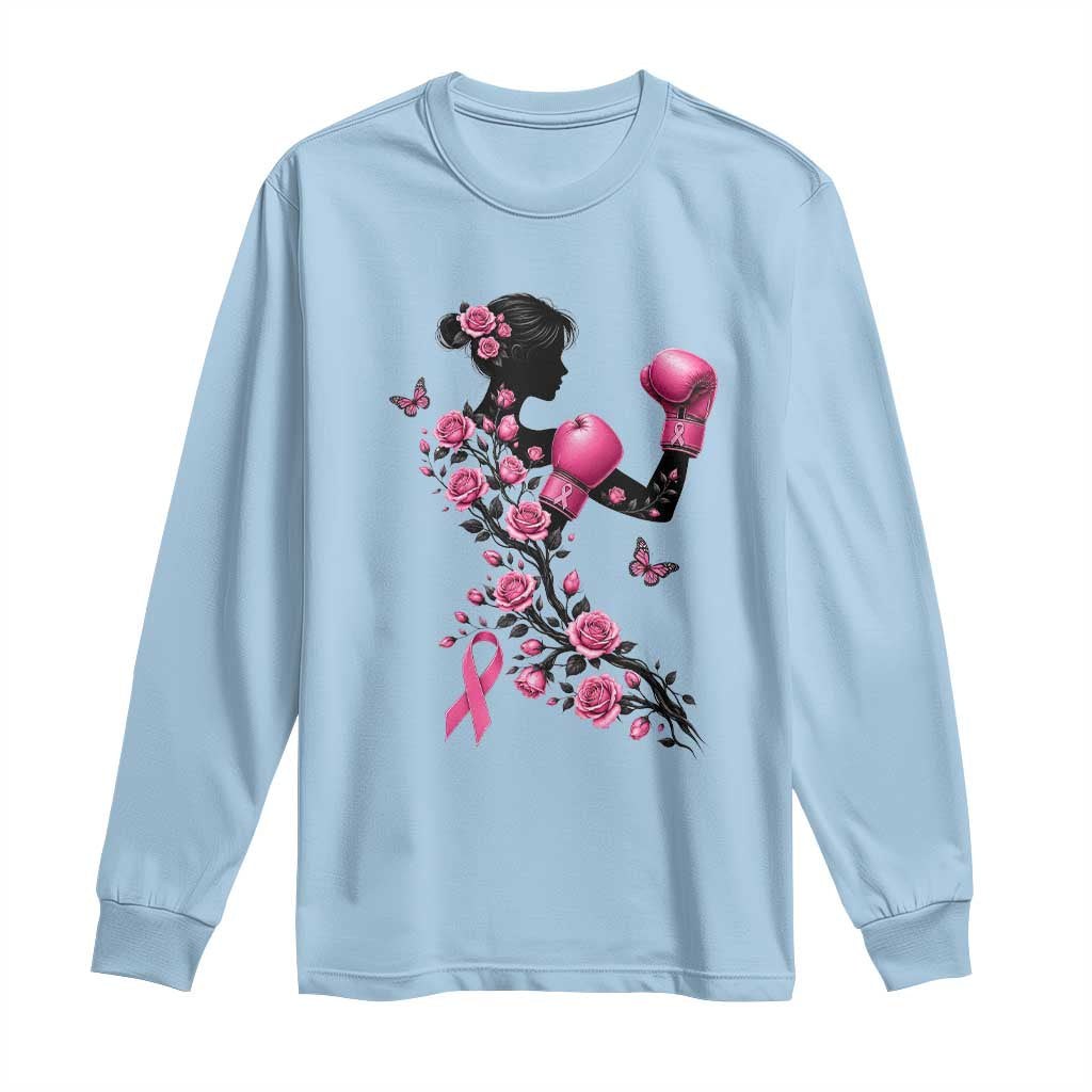 Breast Cancer Warrior Long Sleeve Shirt Pink Boxing Gloves Floral Ribbon Courage