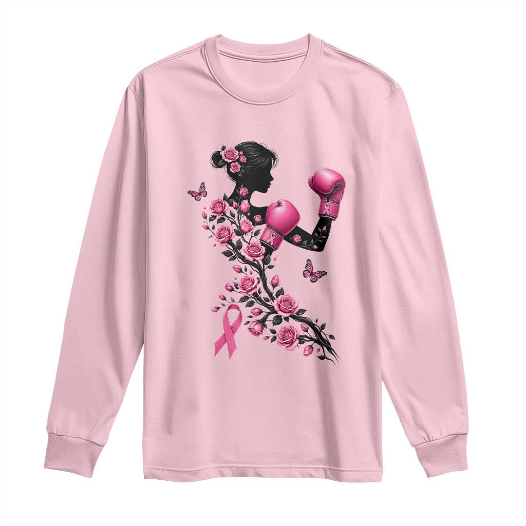 Breast Cancer Warrior Long Sleeve Shirt Pink Boxing Gloves Floral Ribbon Courage