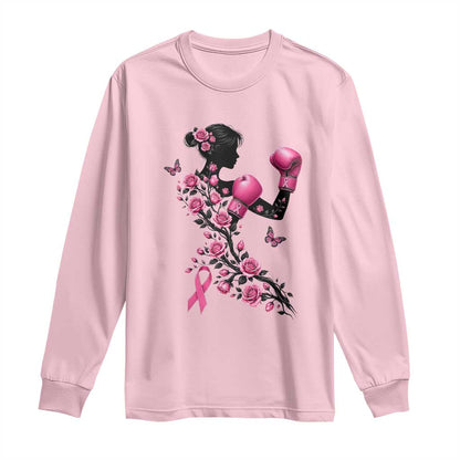 Breast Cancer Warrior Long Sleeve Shirt Pink Boxing Gloves Floral Ribbon Courage