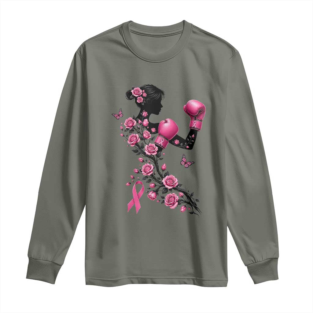 Breast Cancer Warrior Long Sleeve Shirt Pink Boxing Gloves Floral Ribbon Courage
