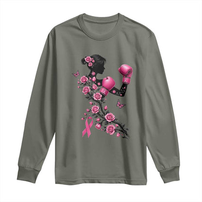 Breast Cancer Warrior Long Sleeve Shirt Pink Boxing Gloves Floral Ribbon Courage