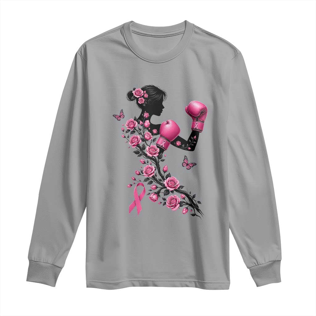 Breast Cancer Warrior Long Sleeve Shirt Pink Boxing Gloves Floral Ribbon Courage