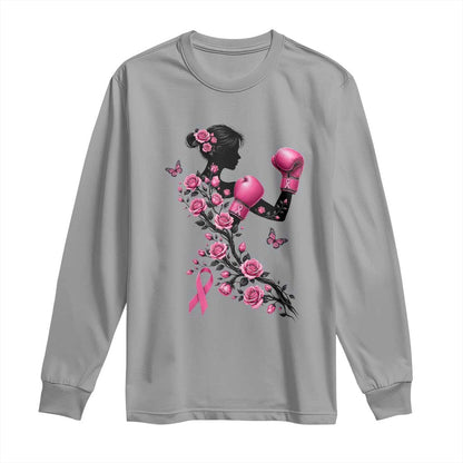 Breast Cancer Warrior Long Sleeve Shirt Pink Boxing Gloves Floral Ribbon Courage
