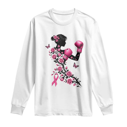 Breast Cancer Warrior Long Sleeve Shirt Pink Boxing Gloves Floral Ribbon Courage