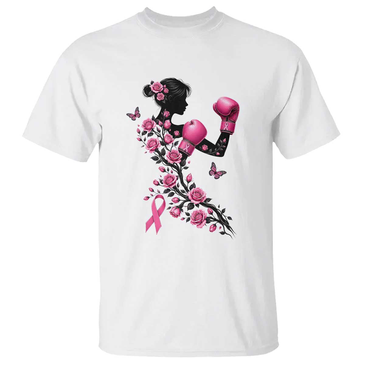 Breast Cancer Warrior T Shirt Pink Boxing Gloves Floral Ribbon Courage