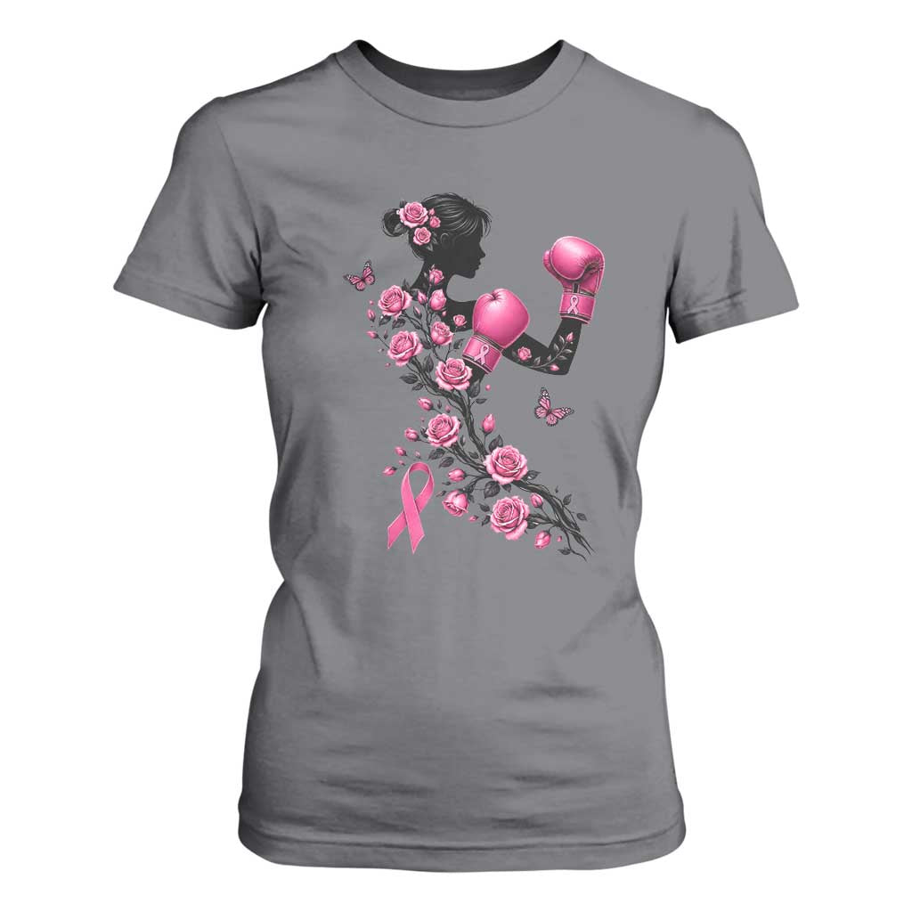 Breast Cancer Warrior T Shirt For Women Pink Boxing Gloves Floral Ribbon Courage