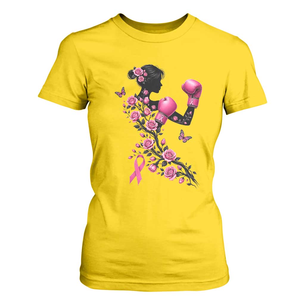 Breast Cancer Warrior T Shirt For Women Pink Boxing Gloves Floral Ribbon Courage
