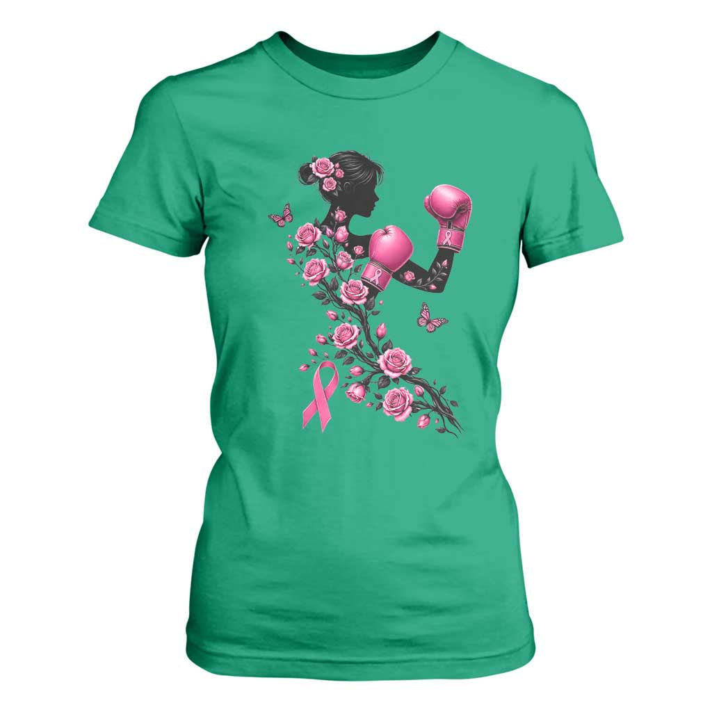 Breast Cancer Warrior T Shirt For Women Pink Boxing Gloves Floral Ribbon Courage