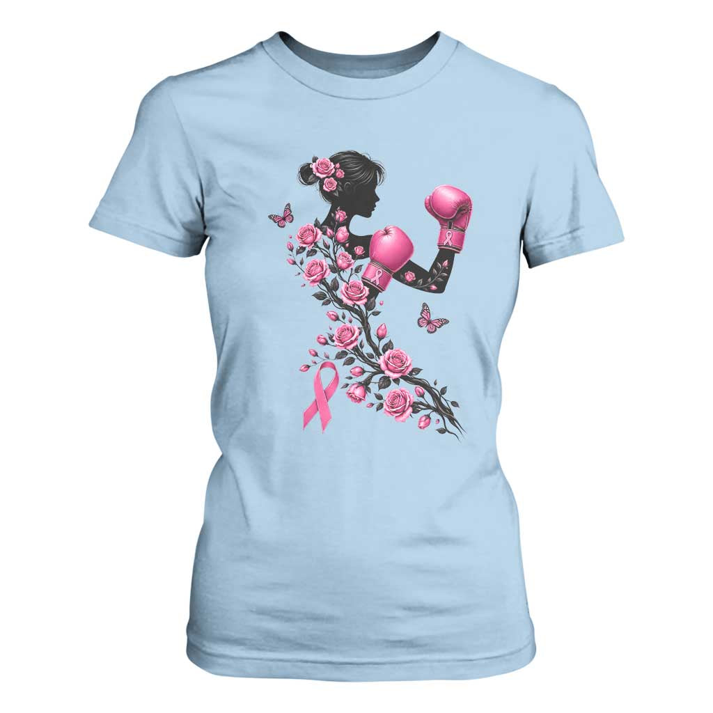 Breast Cancer Warrior T Shirt For Women Pink Boxing Gloves Floral Ribbon Courage