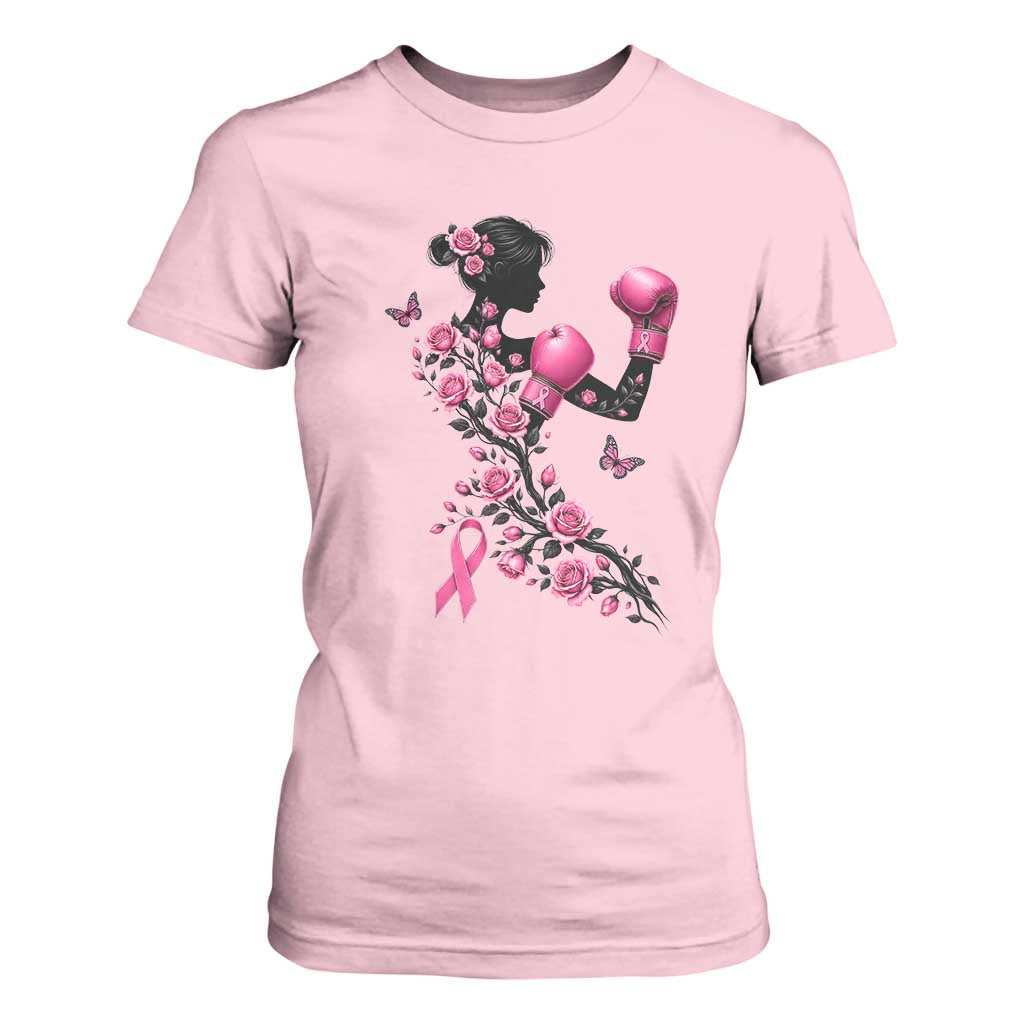 Breast Cancer Warrior T Shirt For Women Pink Boxing Gloves Floral Ribbon Courage