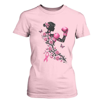Breast Cancer Warrior T Shirt For Women Pink Boxing Gloves Floral Ribbon Courage