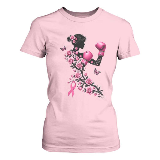 Breast Cancer Warrior T Shirt For Women Pink Boxing Gloves Floral Ribbon Courage