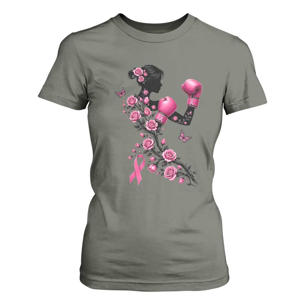 Breast Cancer Warrior T Shirt For Women Pink Boxing Gloves Floral Ribbon Courage