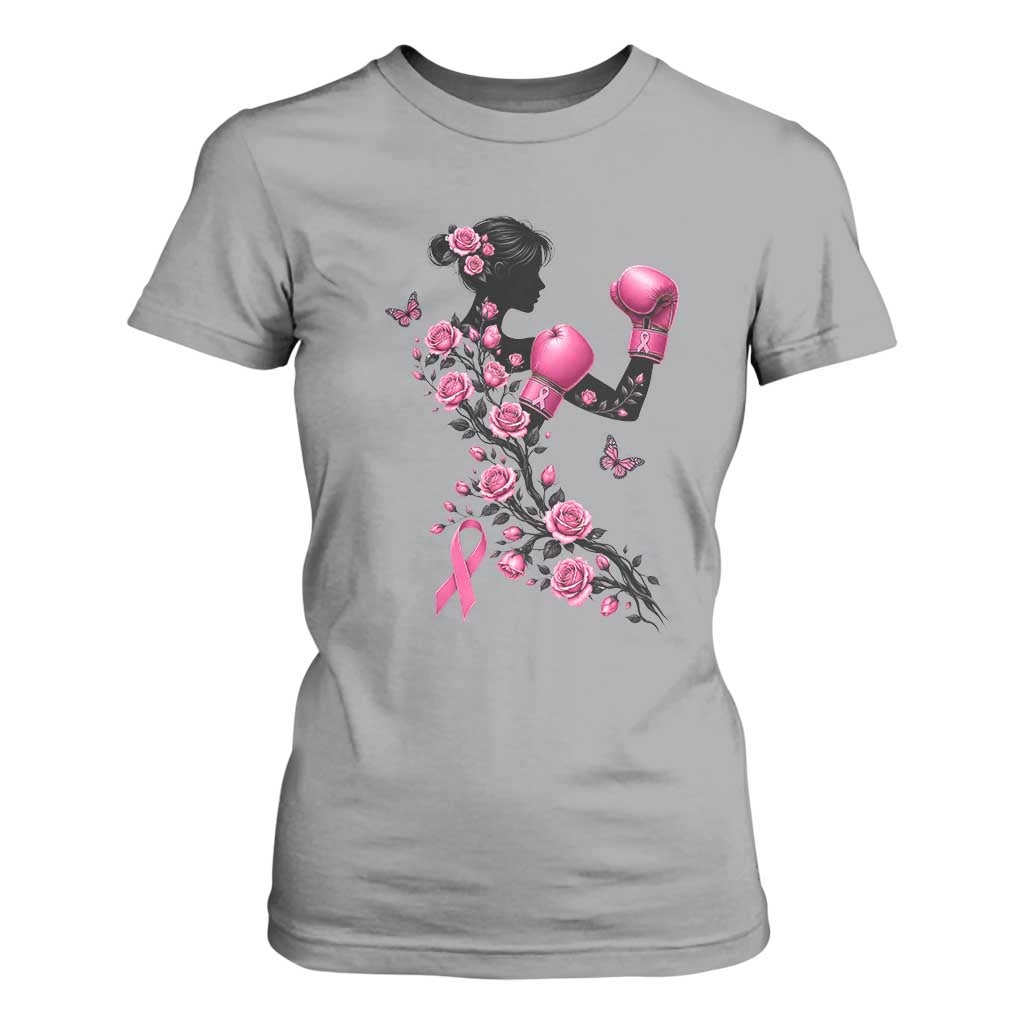 Breast Cancer Warrior T Shirt For Women Pink Boxing Gloves Floral Ribbon Courage