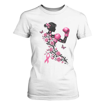 Breast Cancer Warrior T Shirt For Women Pink Boxing Gloves Floral Ribbon Courage