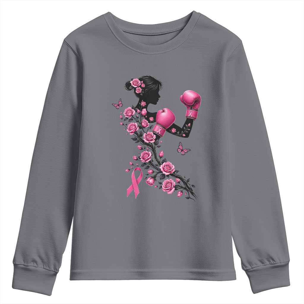 Breast Cancer Warrior Youth Sweatshirt Pink Boxing Gloves Floral Ribbon Courage