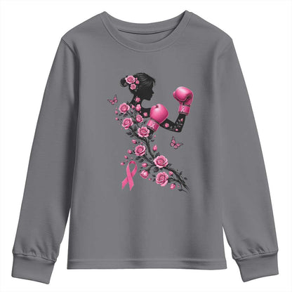 Breast Cancer Warrior Youth Sweatshirt Pink Boxing Gloves Floral Ribbon Courage